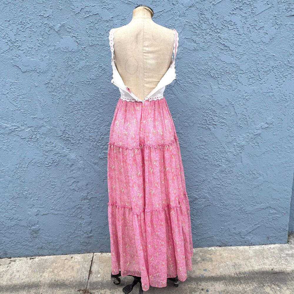 70s Floral Praire Dress in XS Pink Cottagecore Gown - Picture 4 of 10